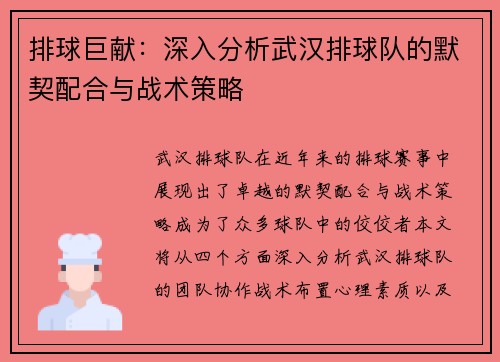 排球巨献：深入分析武汉排球队的默契配合与战术策略